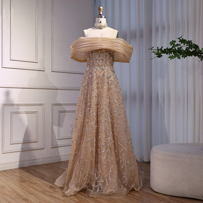 Glamorous Silver Gray Off-Shoulder Beaded Evening Dress LA73062