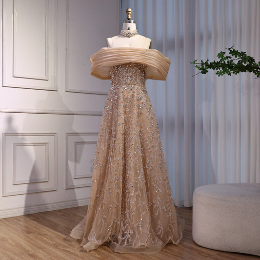 Glamorous Silver Gray Off-Shoulder Beaded Evening Dress LA73062