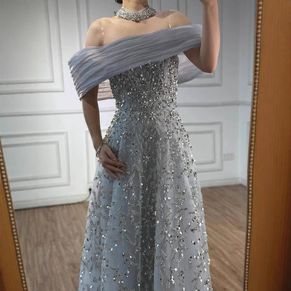 Glamorous Silver Gray Off-Shoulder Beaded Evening Dress LA73062