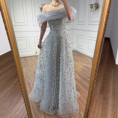 Glamorous Silver Gray Off-Shoulder Beaded Evening Dress LA73062