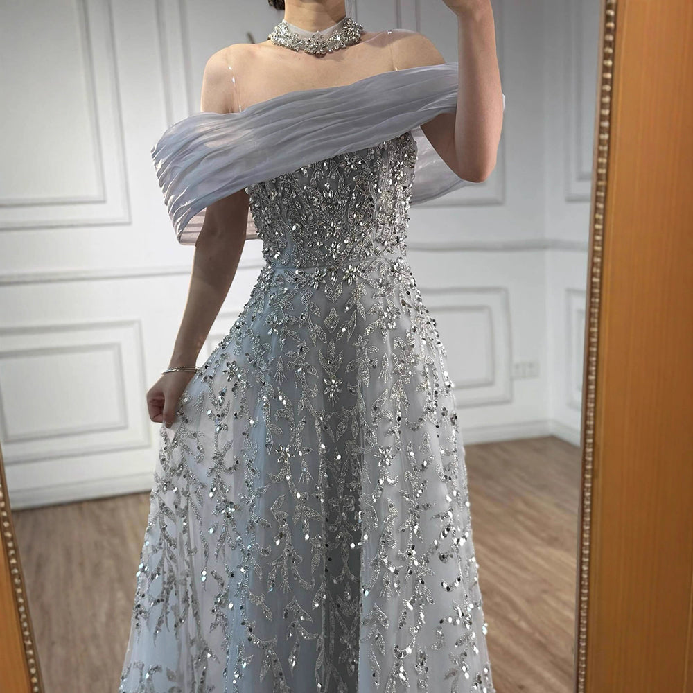 Glamorous Silver Gray Off-Shoulder Beaded Evening Dress LA73062