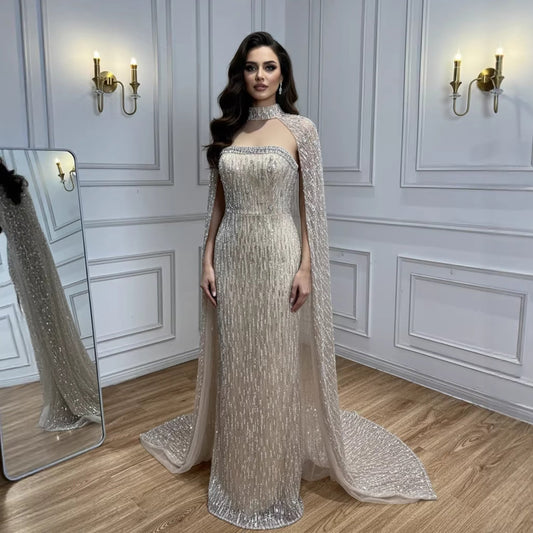 Luxury Cream Beaded Evening Dress With Cape LA73076B