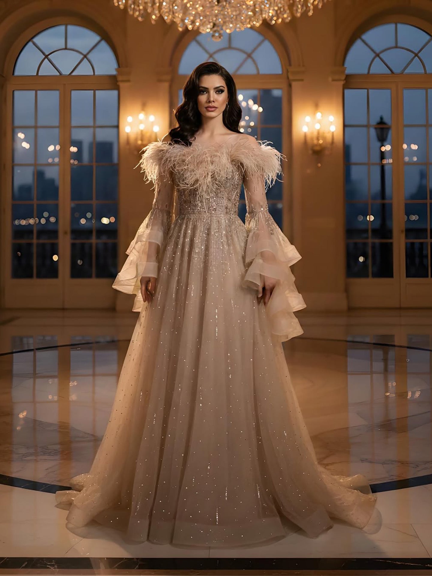 Luxury Red Feathered A-Line Evening Dress with Puffy Sleeves LA73080