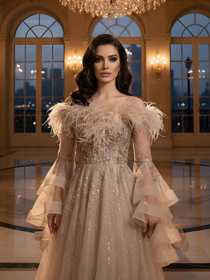 Luxury Red Feathered A-Line Evening Dress with Puffy Sleeves LA73080