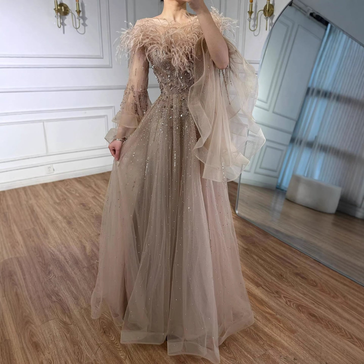 Luxury Red Feathered A-Line Evening Dress with Puffy Sleeves LA73080