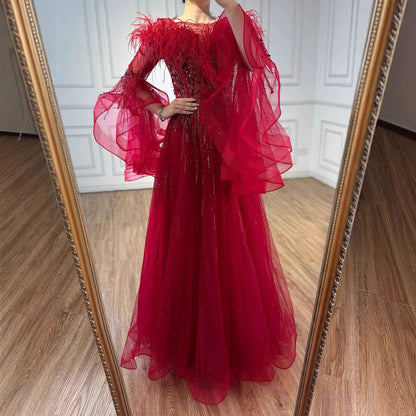 Luxury Red Feathered A-Line Evening Dress with Puffy Sleeves LA73080