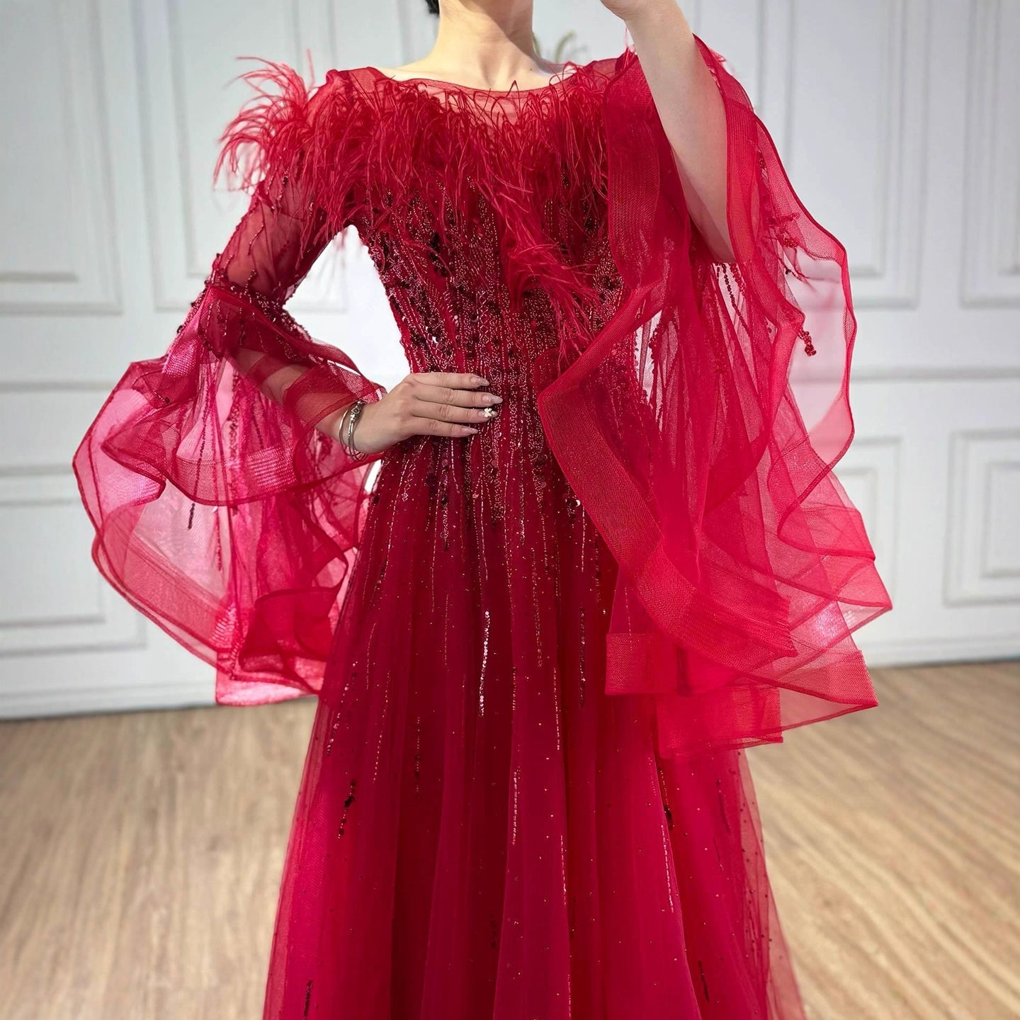 Luxury Red Feathered A-Line Evening Dress with Puffy Sleeves LA73080