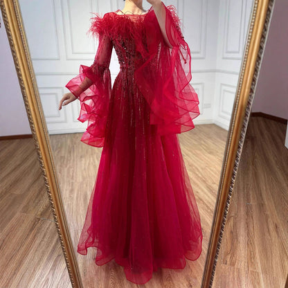 Luxury Red Feathered A-Line Evening Dress with Puffy Sleeves LA73080