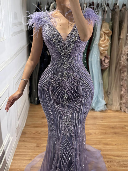 Luxury Purple Crystal Beaded Mermaid Dress with Feathers LA73098A