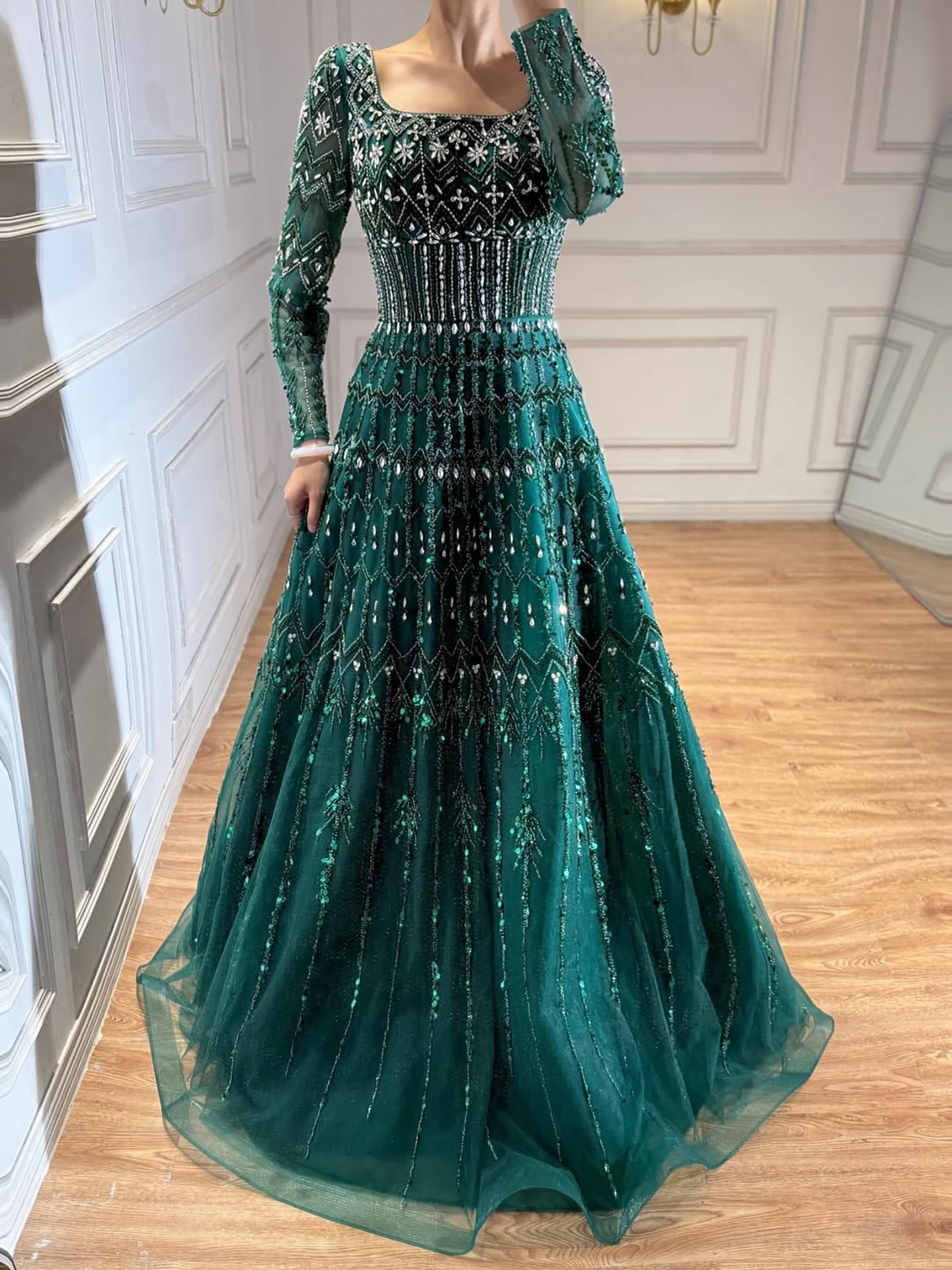 Luxury Caramel Square Neck Beaded A Line Evening Dress with Long Sleeves LA73089B