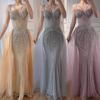 Luxury Nude Spaghetti Strap Mermaid Evening Dress with Overskirt Beaded LA73090