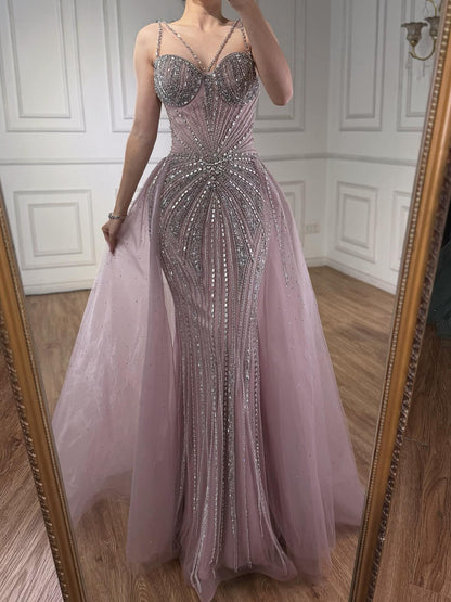 Luxury Nude Spaghetti Strap Mermaid Evening Dress with Overskirt Beaded LA73090