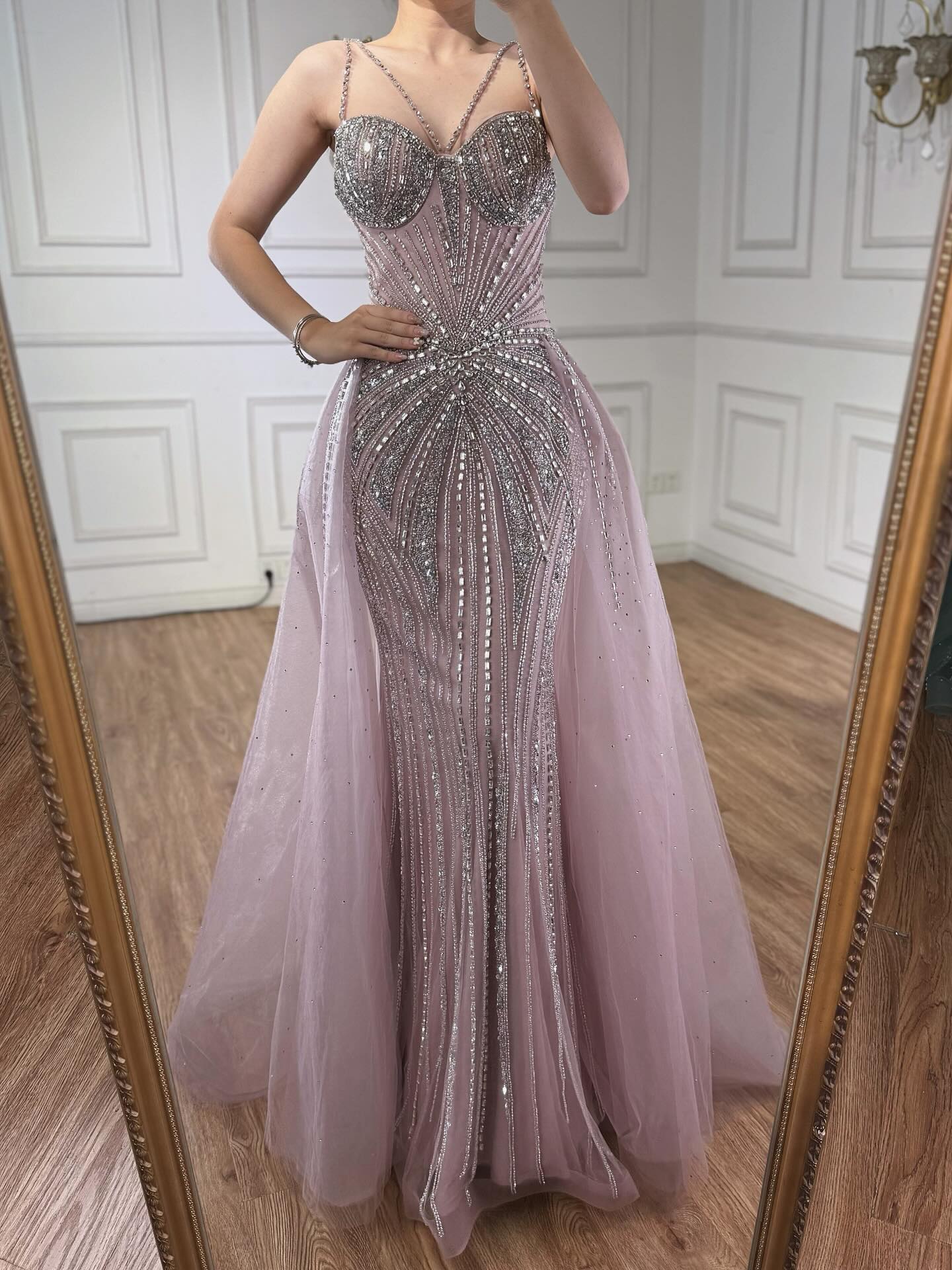 Luxury Nude Spaghetti Strap Mermaid Evening Dress with Overskirt Beaded LA73090