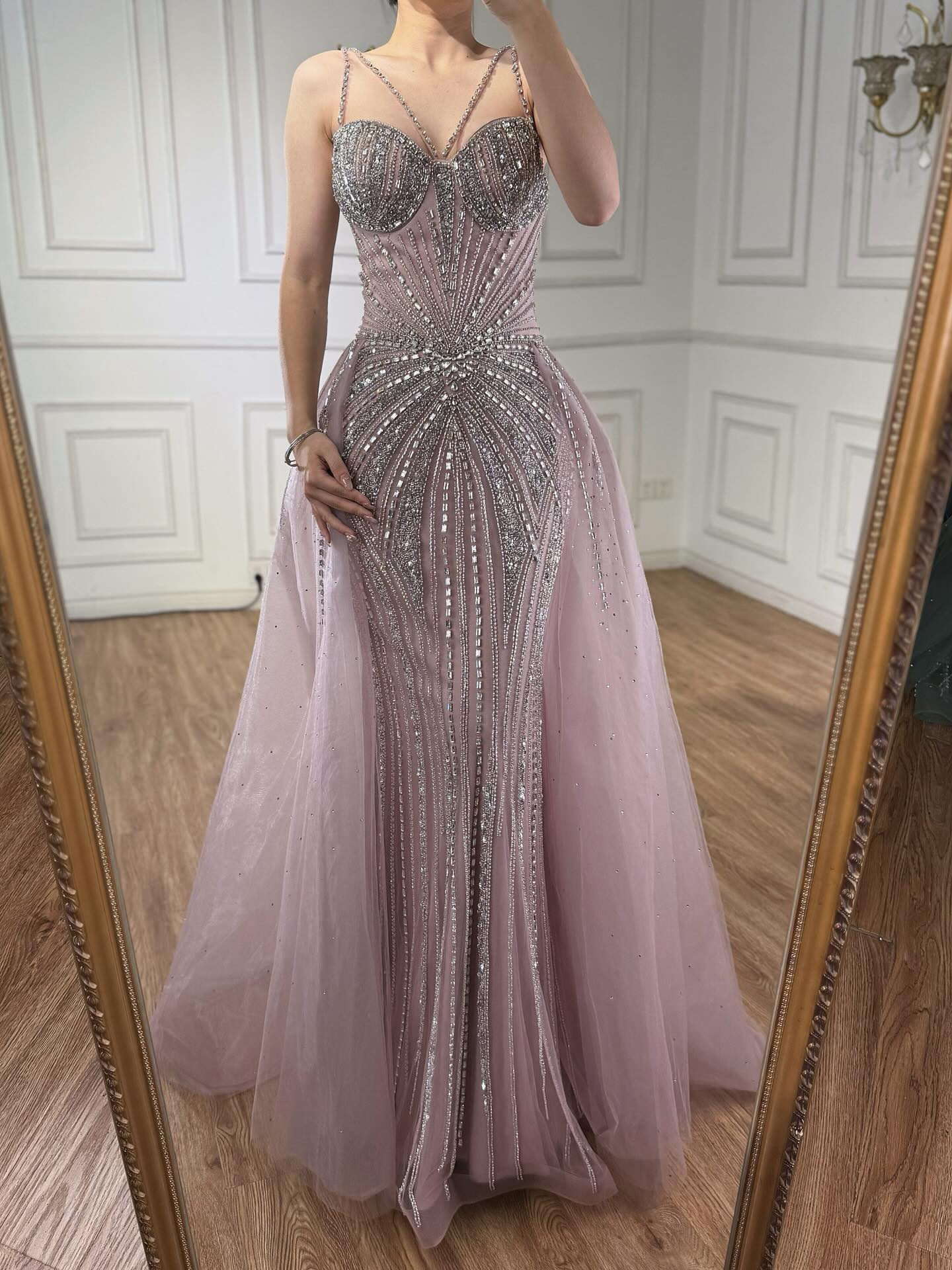 Luxury Nude Spaghetti Strap Mermaid Evening Dress with Overskirt Beaded LA73090