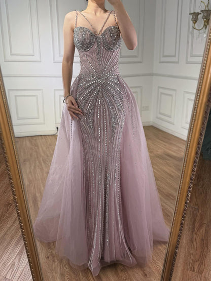 Luxury Nude Spaghetti Strap Mermaid Evening Dress with Overskirt Beaded LA73090