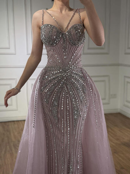 Luxury Nude Spaghetti Strap Mermaid Evening Dress with Overskirt Beaded LA73090