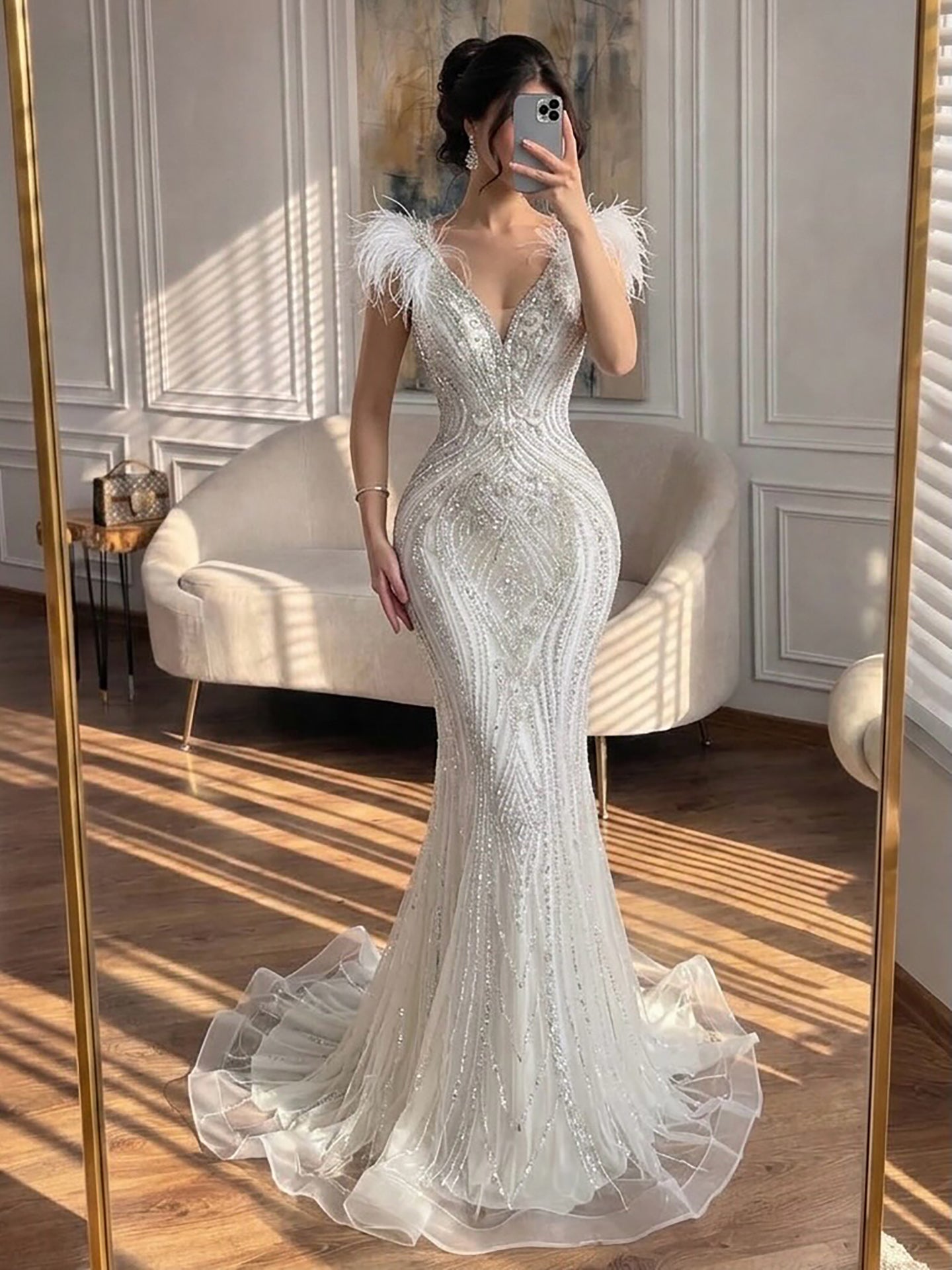 Luxury Purple Crystal Beaded Mermaid Dress with Feathers LA73098A