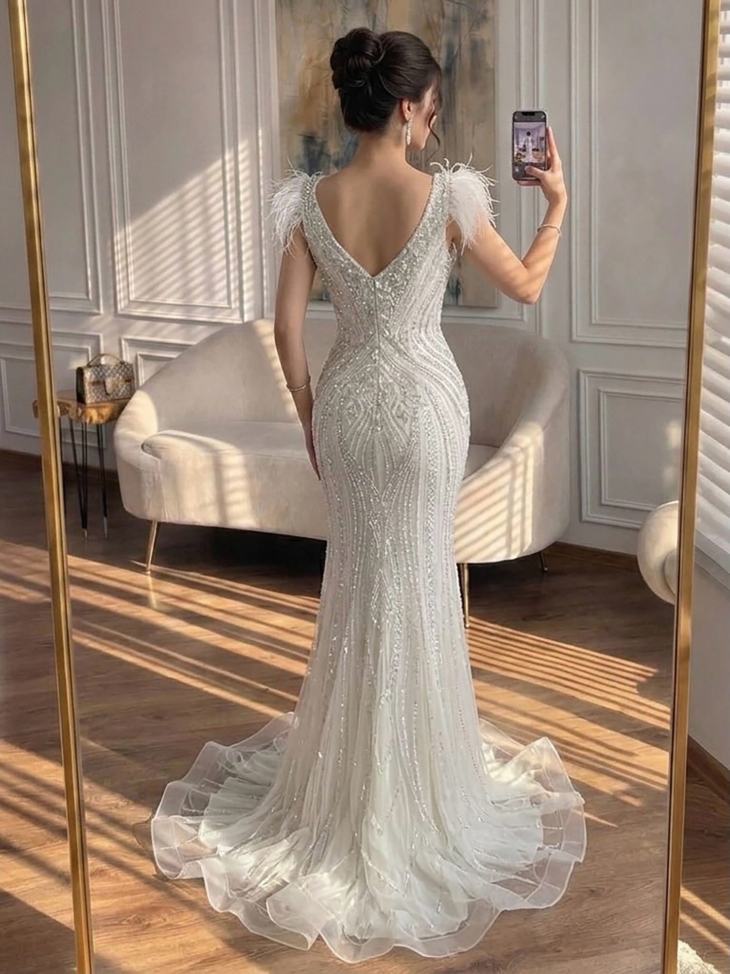 Luxury Purple Crystal Beaded Mermaid Dress with Feathers LA73098A