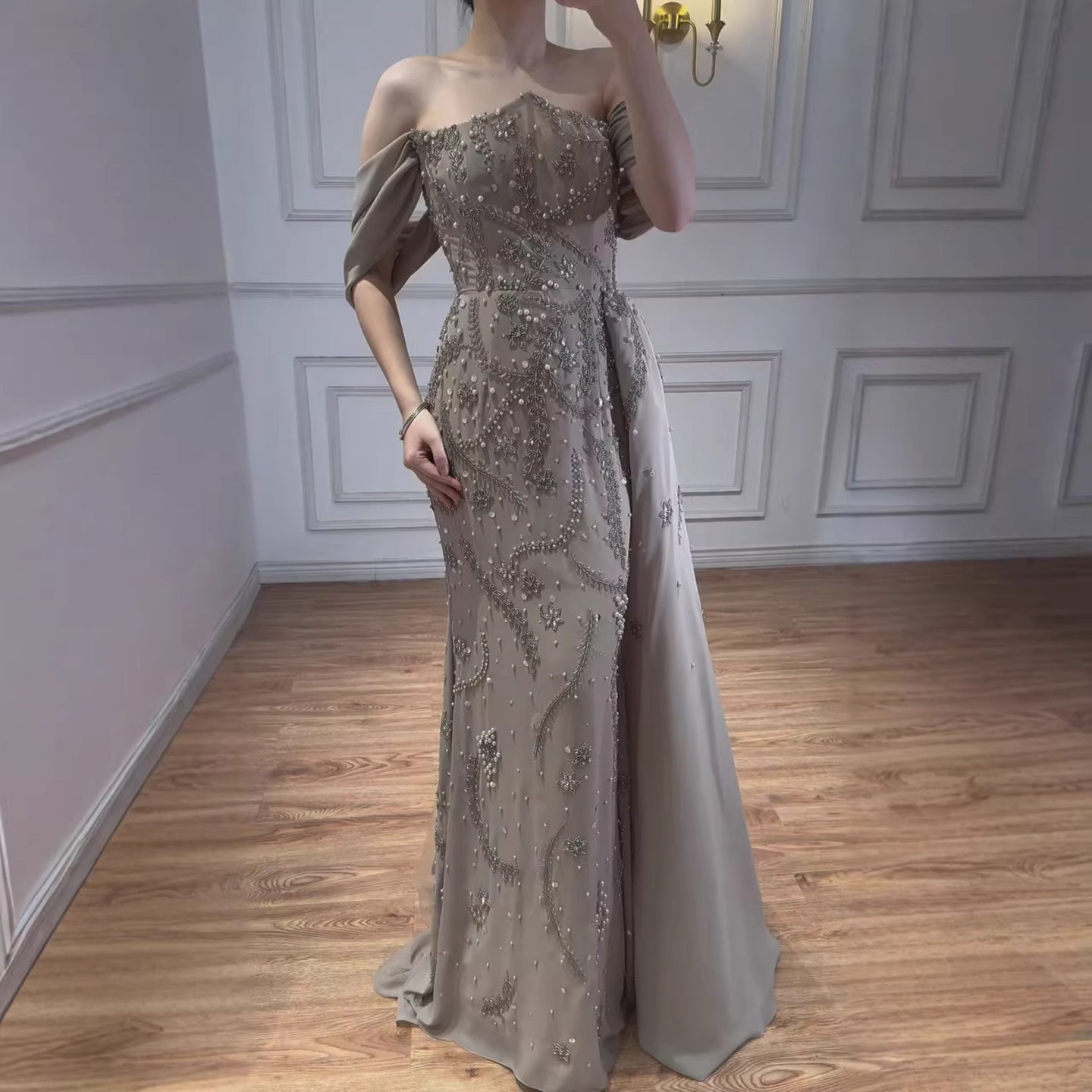 Luxury Nude Off Shoulder Pearl Beaded Mermaid Evening Dress with Overskirt LA73109