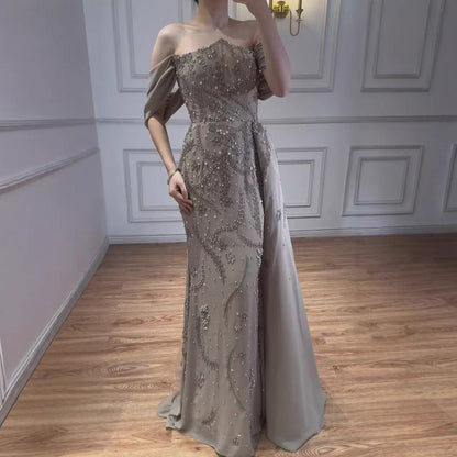 Luxury Nude Off Shoulder Pearl Beaded Mermaid Evening Dress with Overskirt LA73109