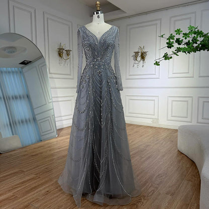 فستان سهرة فاخر وردي اللون مزين بالخرز بتصميم A لعام ٢٠٢٥، برقبة على شكل حرف V وأكمام طويلة LA73114