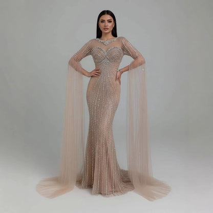 Serene Hill Luxury Nude Beaded Evening Dress With Cape LA73115A