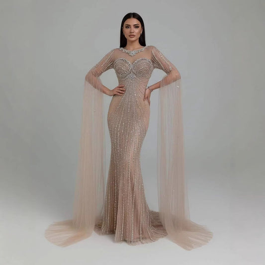Serene Hill Luxury Nude Beaded Evening Dress With Cape LA73115A