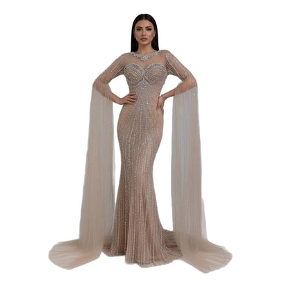 Serene Hill Luxury Nude Beaded Evening Dress With Cape LA73115A