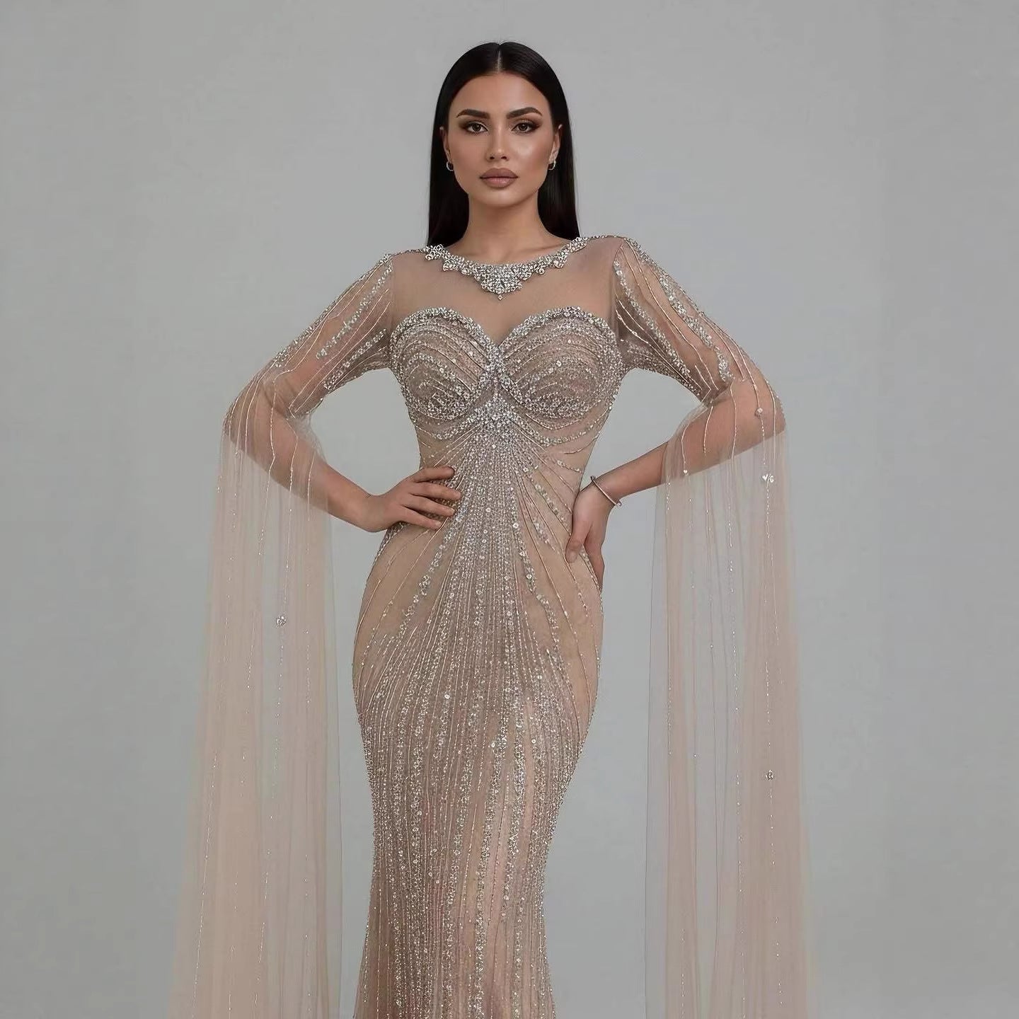 Serene Hill Luxury Nude Beaded Evening Dress With Cape LA73115A