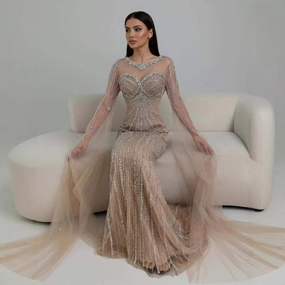 Serene Hill Luxury Nude Beaded Evening Dress With Cape LA73115A
