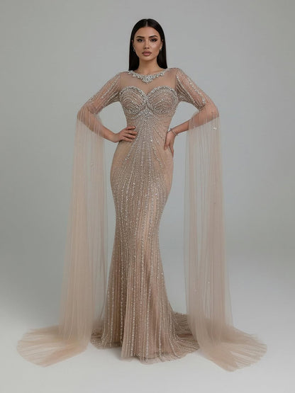 Serene Hill Luxury Nude Beaded Evening Dress With Cape LA73115A