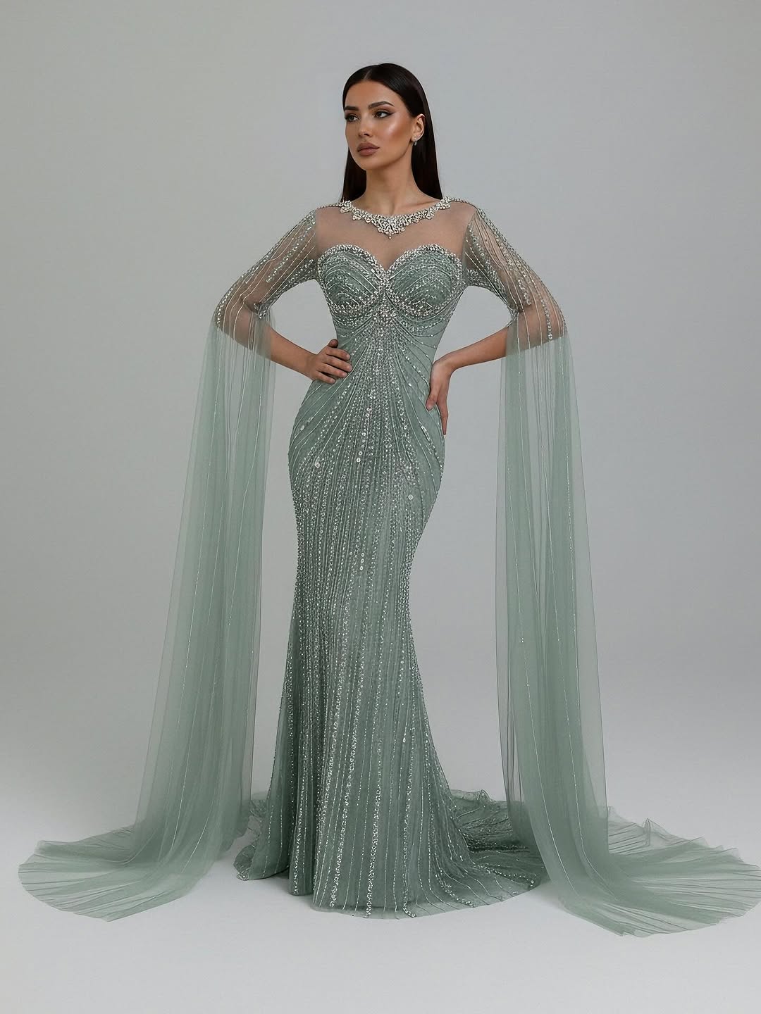 Serene Hill Luxury Nude Beaded Evening Dress With Cape LA73115A