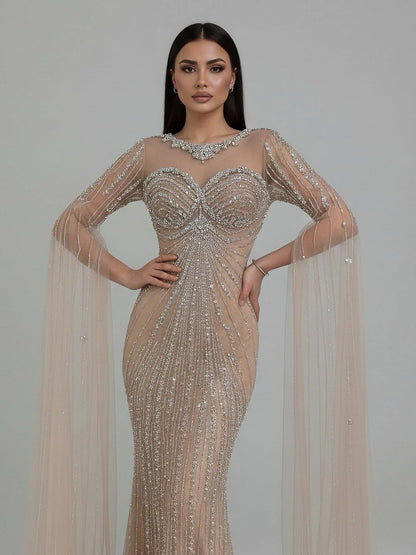 Serene Hill Luxury Nude Beaded Evening Dress With Cape LA73115A