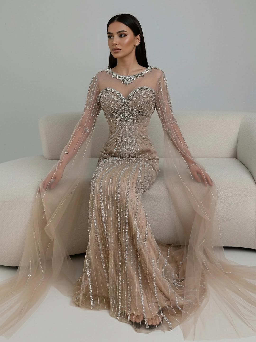 Serene Hill Luxury Nude Beaded Evening Dress With Cape LA73115A