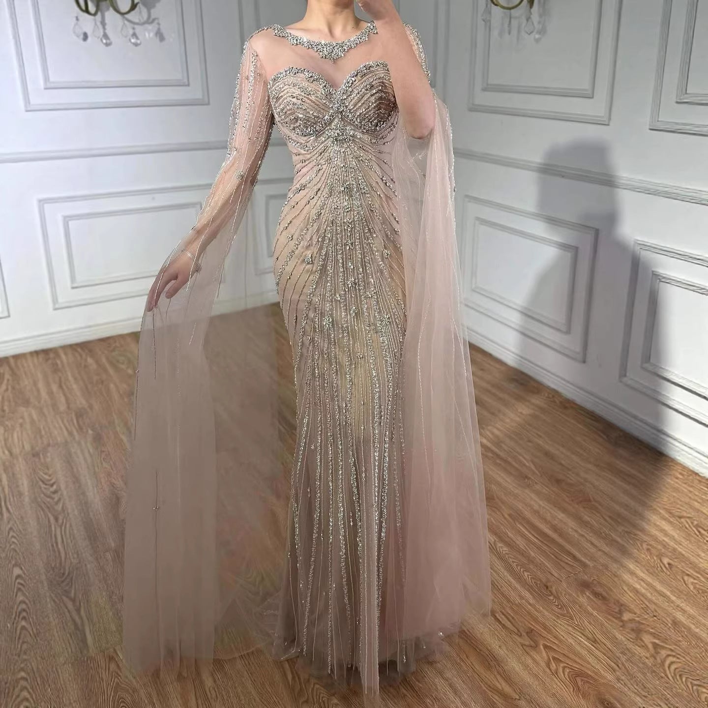 Serene Hill Luxury Nude Beaded Evening Dress With Cape LA73115A