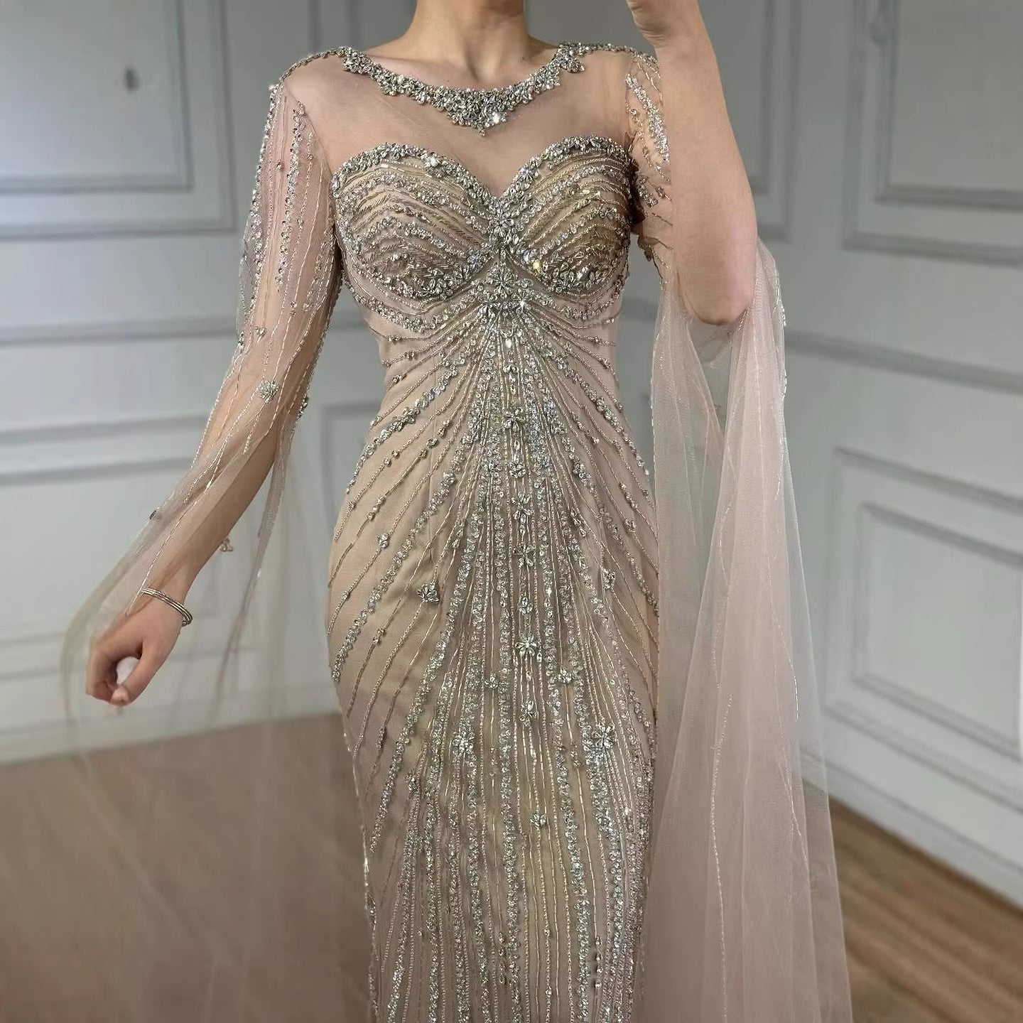 Serene Hill Luxury Nude Beaded Evening Dress With Cape LA73115A