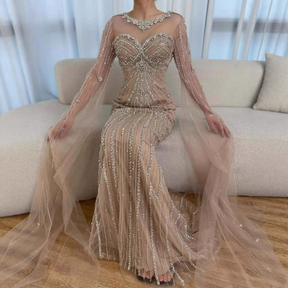 Serene Hill Luxury Nude Beaded Evening Dress With Cape LA73115A