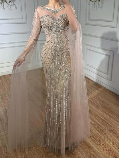 Serene Hill Luxury Nude Beaded Evening Dress With Cape LA73115A