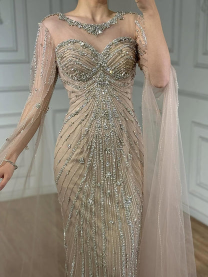 Serene Hill Luxury Nude Beaded Evening Dress With Cape LA73115A
