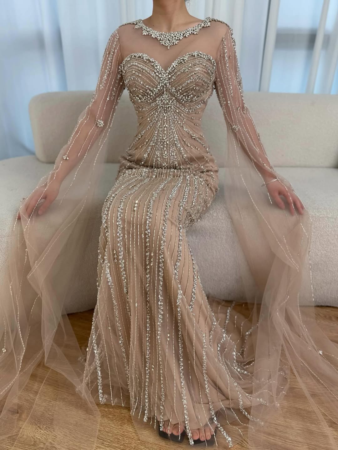 Serene Hill Luxury Nude Beaded Evening Dress With Cape LA73115A