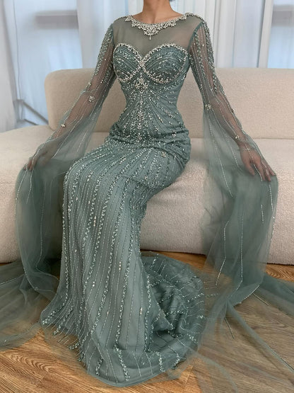 Serene Hill Luxury Nude Beaded Evening Dress With Cape LA73115A