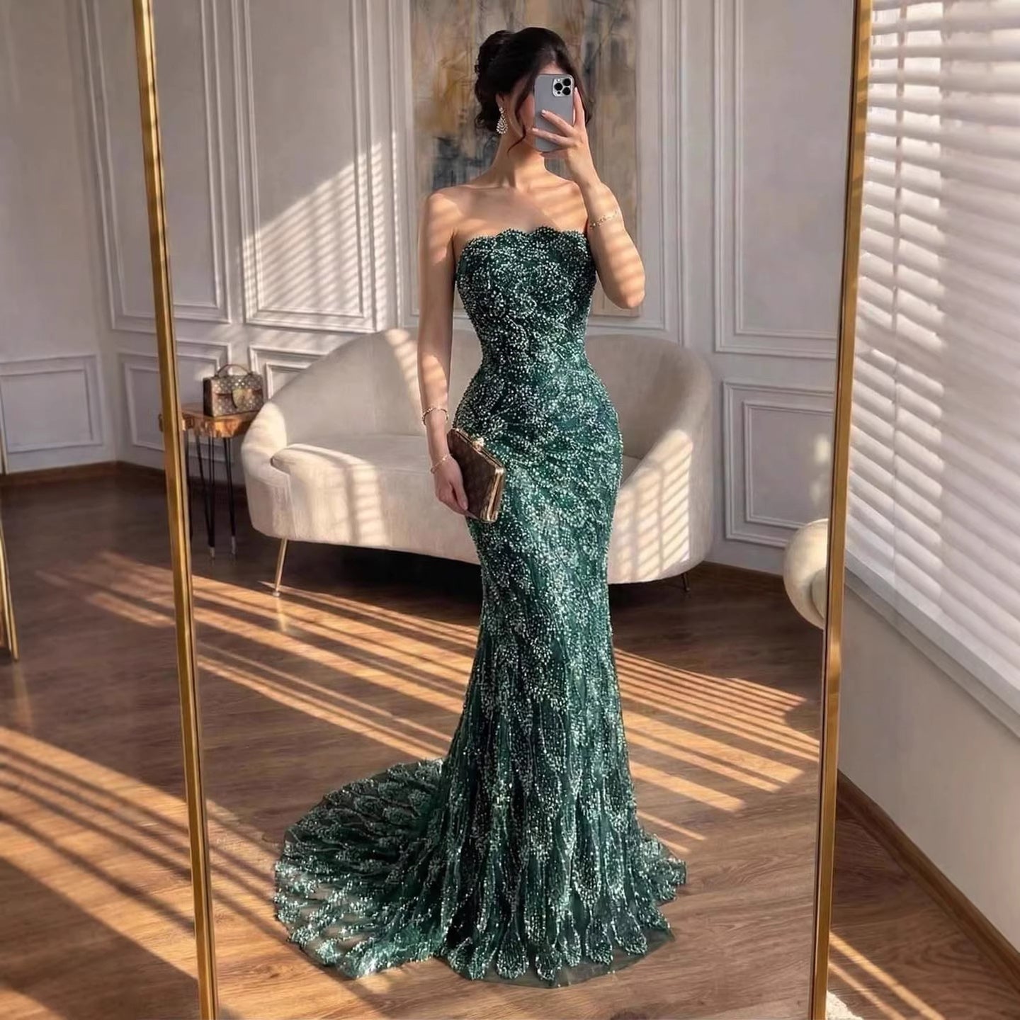 Luxury Green Strapless Beaded Mermaid Evening Dress LA73117A