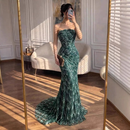 Luxury Green Strapless Beaded Mermaid Evening Dress LA73117A