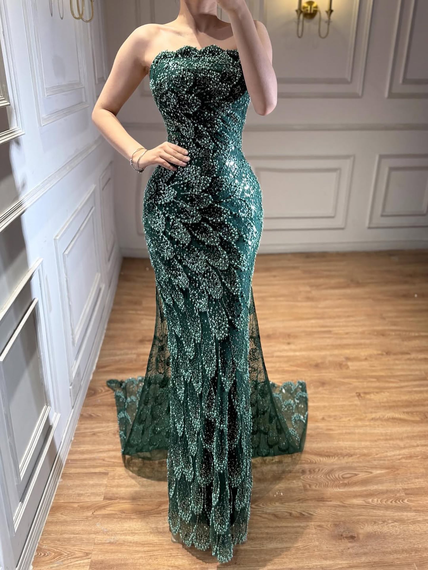 Luxury Green Strapless Beaded Mermaid Evening Dress LA73117A