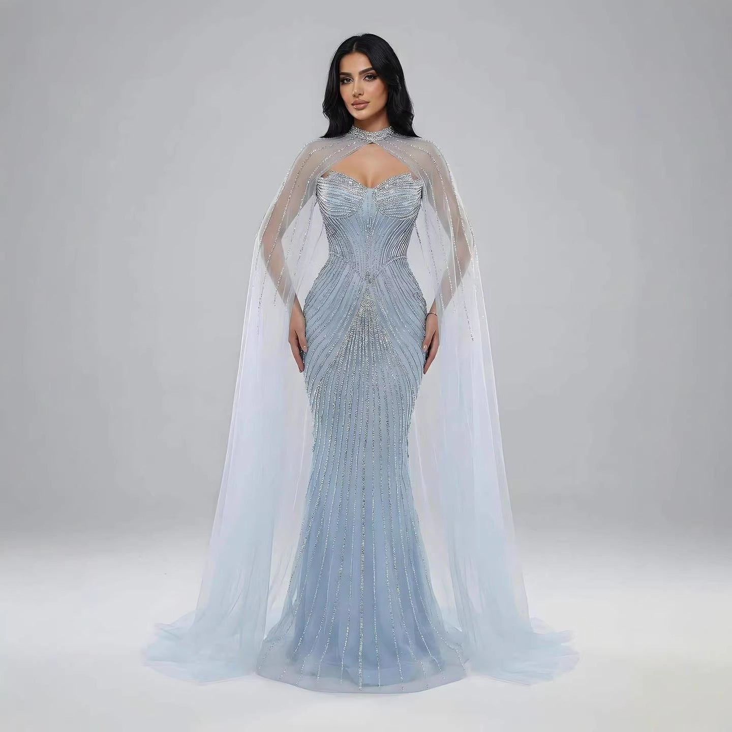 Luxuriöses, nudefarbenes Meerjungfrauen-Abendkleid mit Cape-Ärmeln LA73118