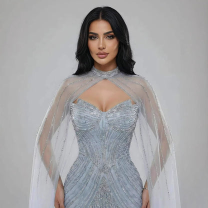 Luxuriöses, nudefarbenes Meerjungfrauen-Abendkleid mit Cape-Ärmeln LA73118