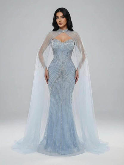 Luxuriöses, nudefarbenes Meerjungfrauen-Abendkleid mit Cape-Ärmeln LA73118