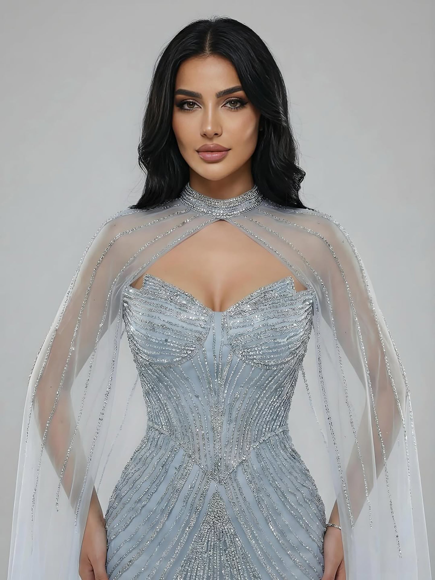 Luxuriöses, nudefarbenes Meerjungfrauen-Abendkleid mit Cape-Ärmeln LA73118