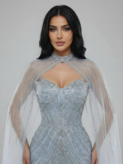 Luxuriöses, nudefarbenes Meerjungfrauen-Abendkleid mit Cape-Ärmeln LA73118