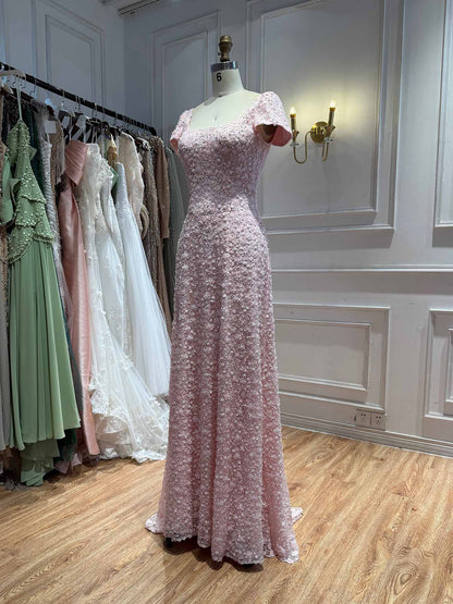 Luxury Pink Floral Appliqué Evening Dress with Open Back 2025 LA73119